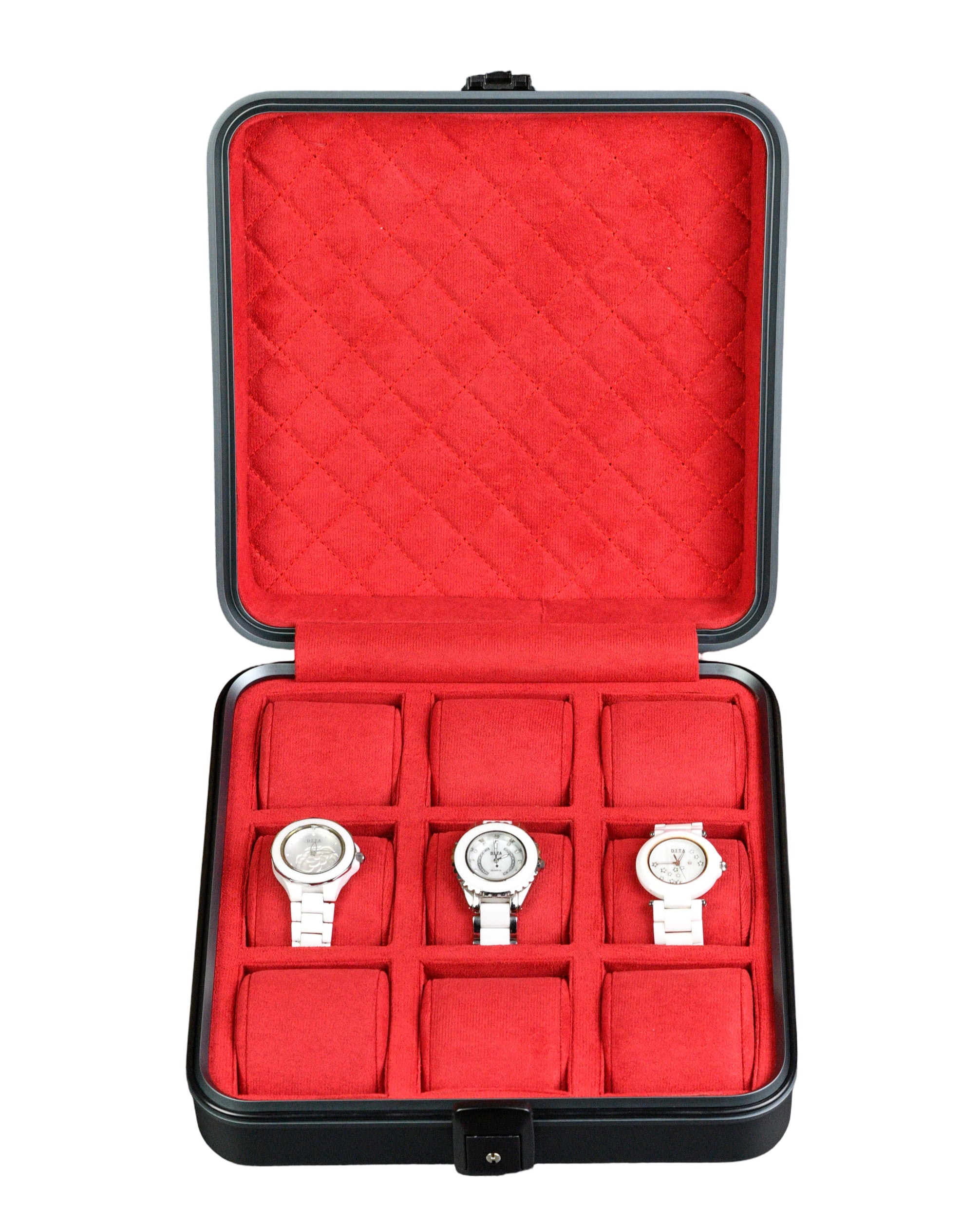 AeroVault Black 9 slots | Aluminum Watch Box red interior