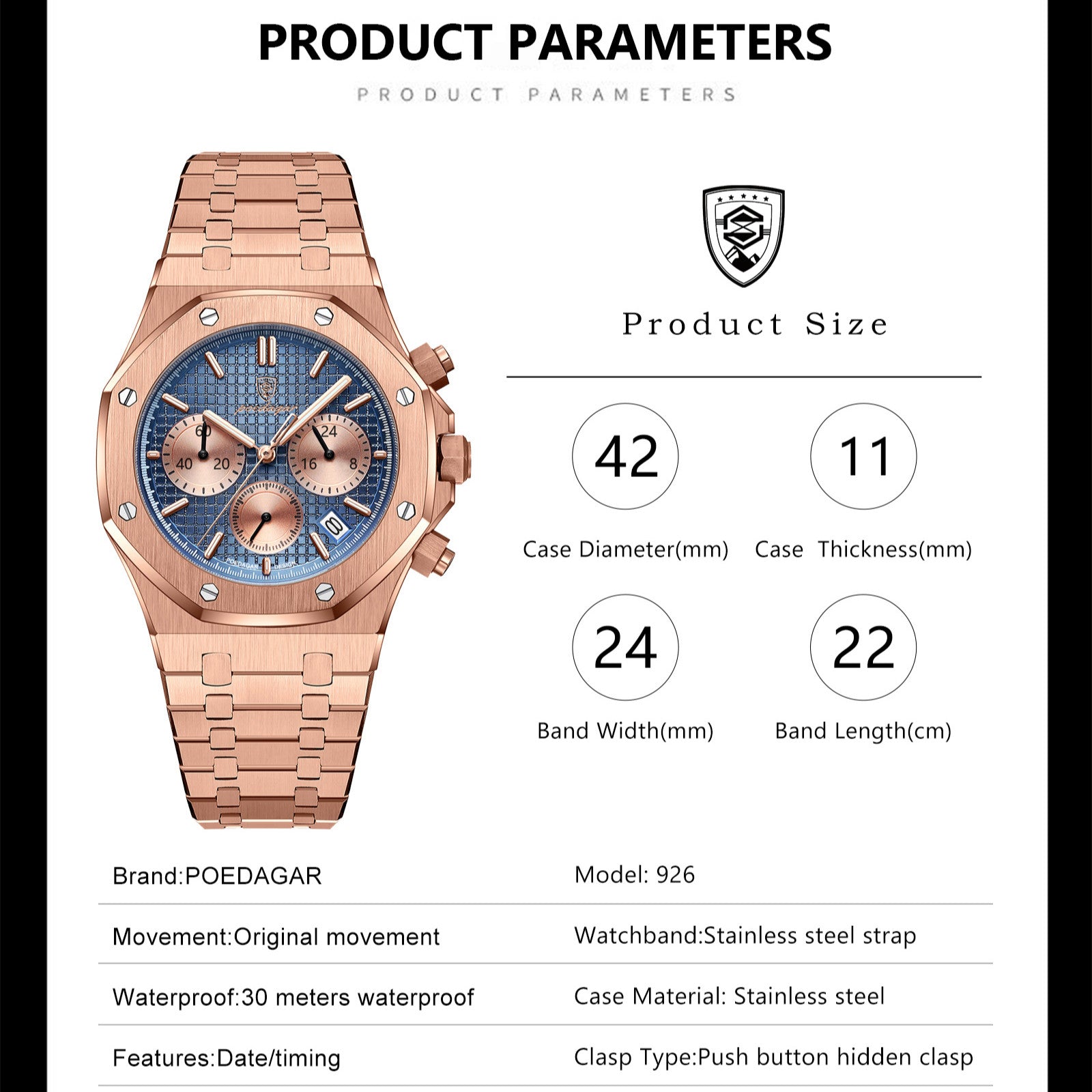 POEDAGAR AP Chrono Rose Gold | Chronograph Watch - 42mm