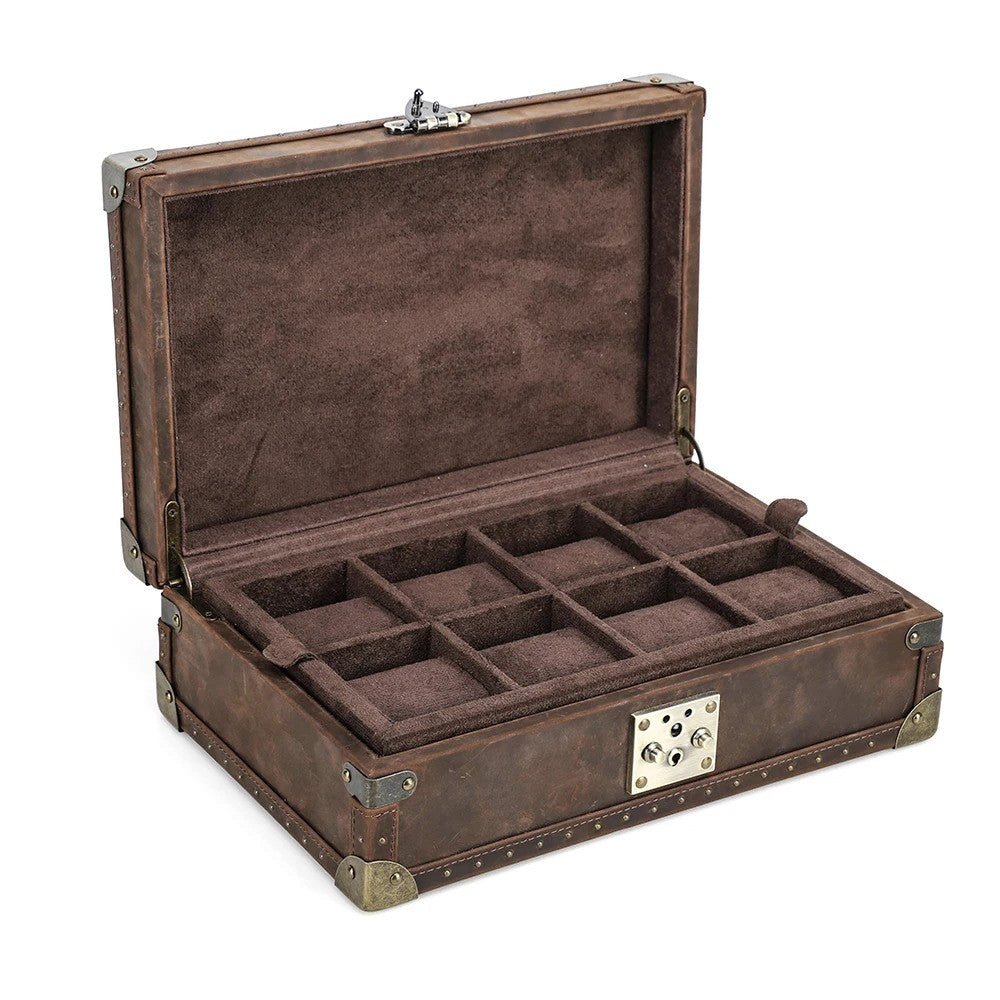 Watch display ideas: Gentleman's Legacy 8-slot leather watch box with brass corners for a home office or den